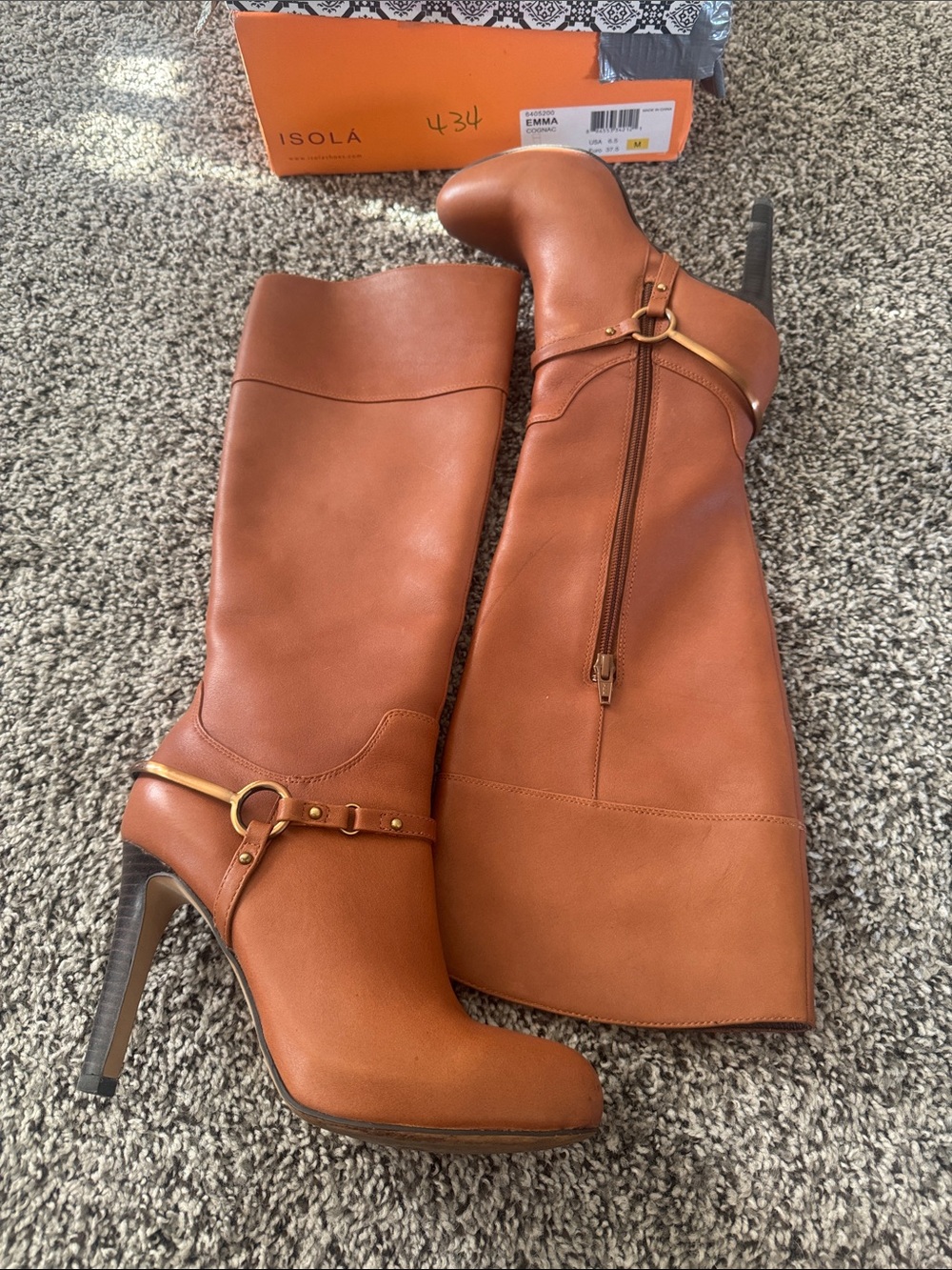 Isola Cognac Leather Tall Heeled Riding Boots